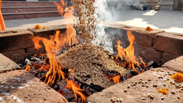 Traditional vedic havan ritual fire blazing fiercely as samagri is poured, celebrating maharishi dayanand saraswati jayanti.