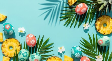 Colorful Easter Eggs with Tropical Fruits and Leaves on Blue Background