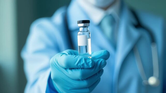 Healthcare professional holds vial of medicine. Medical treatment, science research. Doctor presents single dose of vaccine in glass bottle, protection against virus. Public health, immunization
