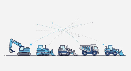 Fototapeta premium Modern Digital Network Of Heavy Construction Machinery And Vehicles Illustration Graphic Design