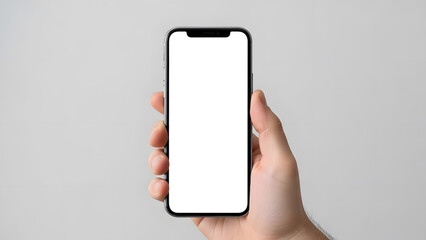 Hand holding vertical smartphone with bright white screen against simple light gray wall background