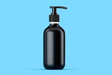 Fototapeta premium Matte black cosmetic pump bottle mockup with dispenser on a clean blue studio background, isolated for product presentation
