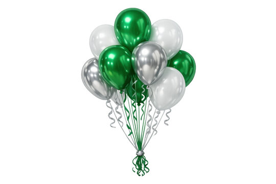 Group of metallic green, glossy silver, and white balloons. Floating helium balloons with ribbons tied together for celebration