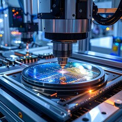 A machine is working on a circular object with blue light