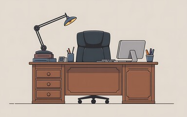 Vector Illustration of a Clean Professional Office Desk with Desktop Computer and Lamp.