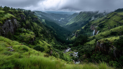 Obraz premium Majestic Valley Vista: A breathtaking panoramic view of a lush, verdant valley stretches out, showcasing the raw beauty of the natural world. This scene evokes a sense of peace.