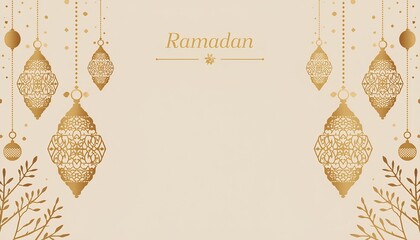 Ramadan Mubarak Gold Background with Islamic Lanterns and Foliage Decoration