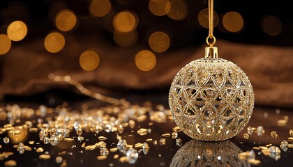 Golden Christmas Ornament Bauble Decoration on Luxurious Festive Bokeh Background