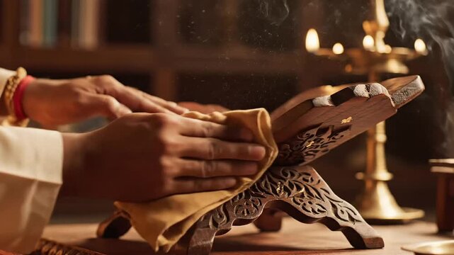 Devoted hands gently clean the ornate wooden book stand in preparation for maharishi dayanand saraswati jayanti ceremony.