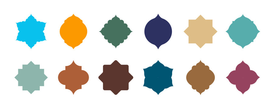 Old Mosque Islamic window shapes in oriental style. Set of traditional Arabic architecture geometric design elements, flat moroccan  arch frames and border. Vector illustration.