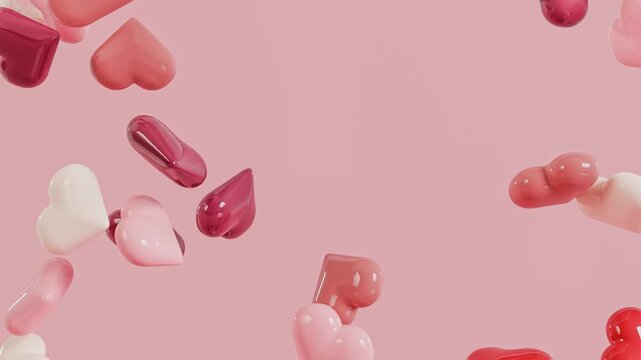 Valentine's day concept - colorful hearts falling on pink background, 3d render