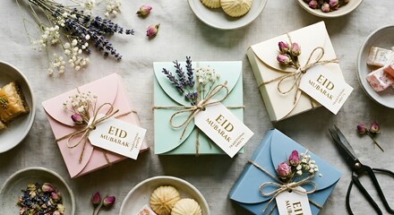 Fototapeta premium Pastel Eid Gift Boxes Flat Lay with Floral Decoration