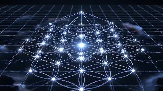 Glowing blue cosmic energy fluctuation flowing on a dark digital wireframe grid background.
