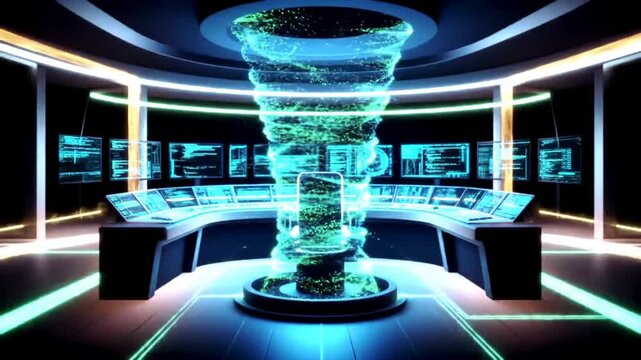 Abstract digital vortex animation inside modern high tech control room