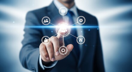 Hand touching a central digital node in a business networking and human resources collaboration interface