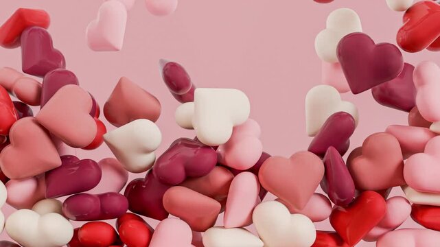 Valentine's day concept - colorful hearts falling on pink background, 3d render