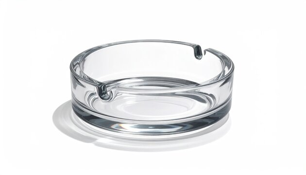 and keyword list based on the image

 Clear glass ashtray sits isolated, displaying its details on a white, studio background