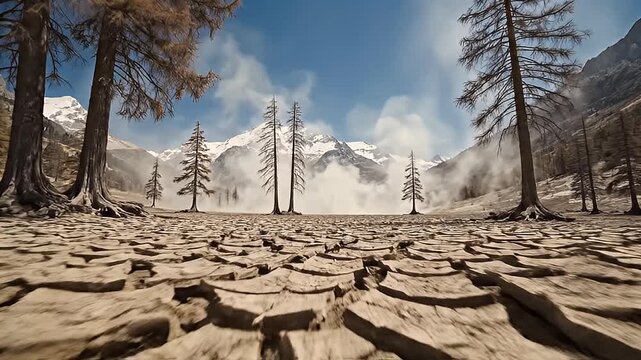 Exploring a rugged high altitude landscape with cracked earth and sparse trees