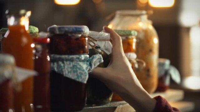 A man selects a jar of fermented vegetables in a cozy cellar, amidst rows of wooden shelves storing canned sauces and various pickles, considering which homemade pickles to open for dinner