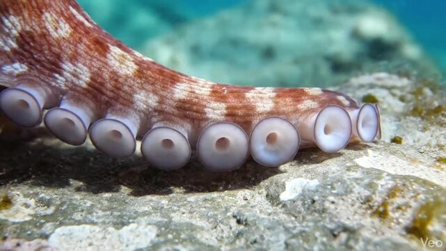 Close-up view of an octopus tentacle with suckers resting on a rock underwater in a natural ocean environment