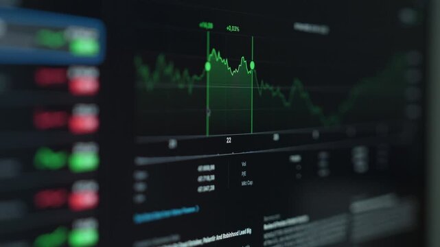 close up smartphone with laptop and open stock exchange, trading Online app interface. Man hand scrolling touch screen analysing chart forex crypto currency.