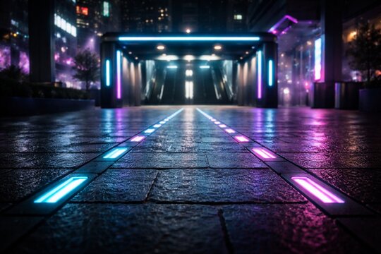 Futuristic urban entrance in neon blue and purple depicting a transit oriented development plaza