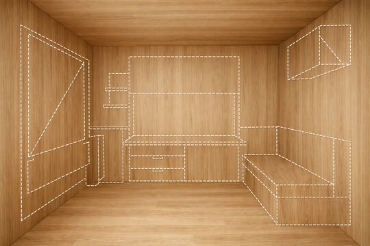 Conceptual interior design in wood tones showing micro apartment foldable furniture planning