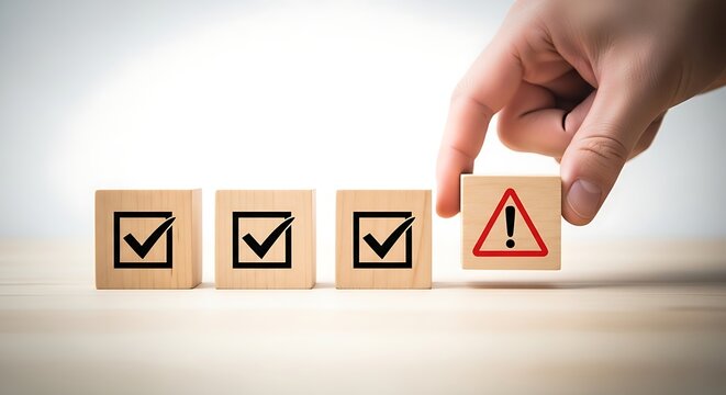 Hand adding a wooden block with a red warning triangle icon to a series of green checkmark blocks representing risk management and error detection.