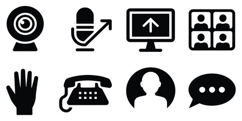video conference icon set in solid design featuring webcam, microphone mute, screen sharing, participant gallery, raise hand, end call, waiting room, and chat panel symbols. © vector by martin