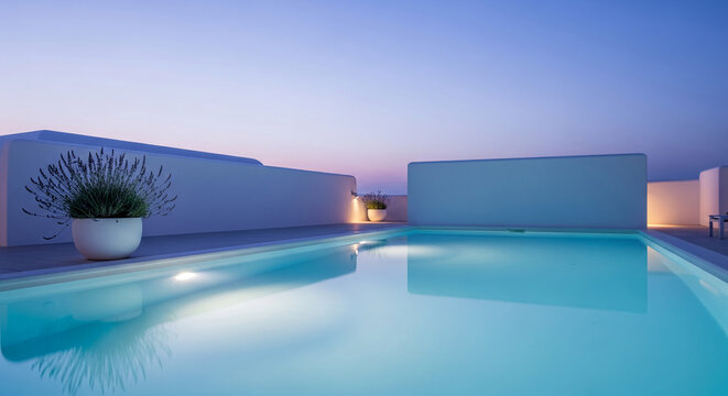 Exterior shot of a serene pool with turquoise water, white walls and a potted plant, representing relaxation, tranquility, and upscale living, perfect for travel
