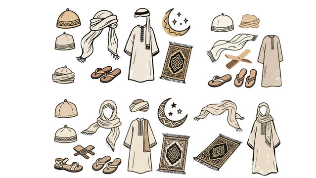 Doodle vector set of traditional islamic and middle-eastern attire including thobes, hijabs, kufis, prayer mats, and sandals on a white background