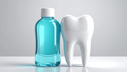 A blue mouthwash bottle stands by a white tooth model against a bright, softly shaded background