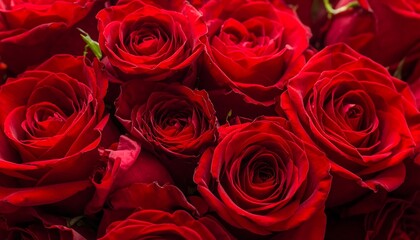A Bouquet of Red Roses in Full Bloom Close-Up.
