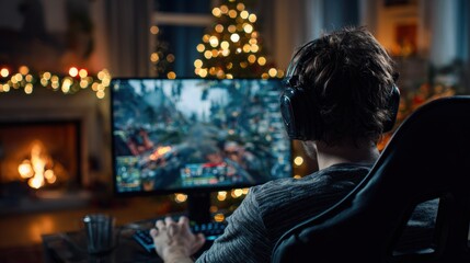 Fototapeta premium Fun gaming entertainment. A man seated in a chair, intently focused on a computer screen displaying a video game. He wears headphones and a wristwatch.