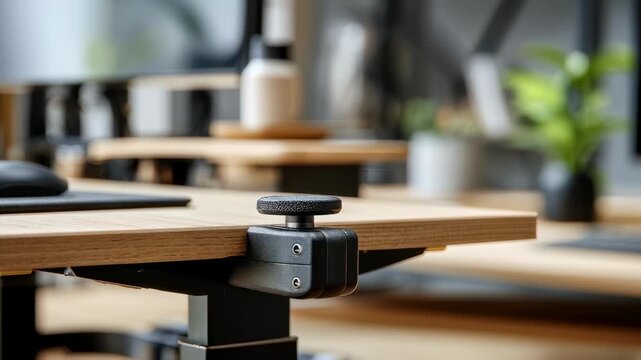Closeup medium shot highlighting an adjustable desk mechanism in action with blurred workspace elements enhancing the ergonomic design focus.