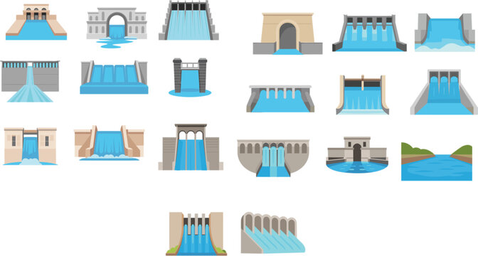 Flat vector illustration set of various hydroelectric dam icons and water reservoir power station elements isolated on white
