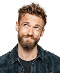 Fototapeta premium Thoughtful man looking up portrait bright pensive mood, isolated on transparent background, png