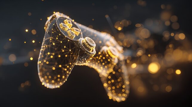 Fun gaming entertainment. A golden gaming controller with connected lines and dots, set against a dark background illuminated by a bokeh effect. The controller is adorned with golden lights.