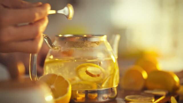 In cozy kitchen, man carefully prepares soothing tea blend by gently stirring sliced lemons ginger in teapot with spoon, releasing fragrant invigorating aroma characteristic of traditional tea-making