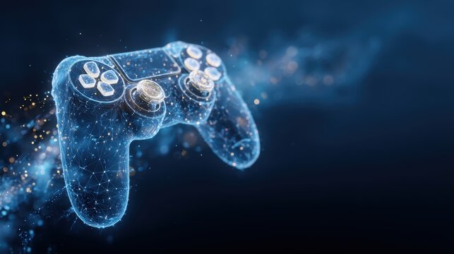 Fun gaming entertainment. A digital game controller rendered in a highresolution digital art style, featuring a blue and black color scheme with connected lines and dots.