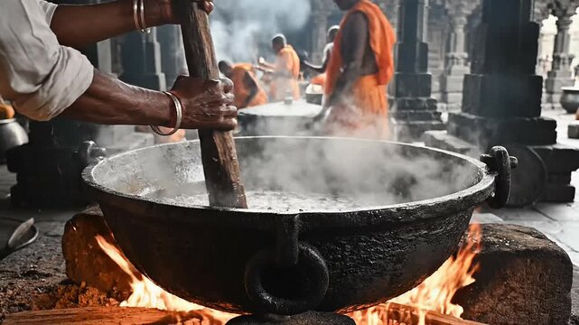 Devotees stirring steaming food in a giant iron vessel over blazing wood fire for a hindu religious celebration.