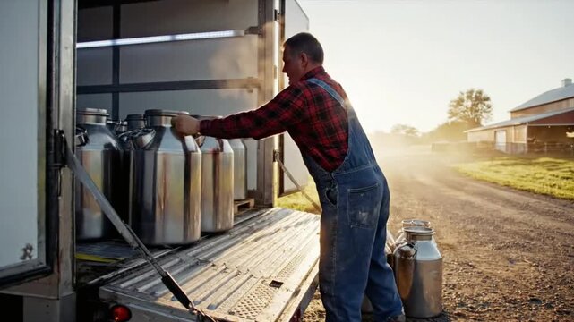 Farmer loading heavy traditional stainless steel milk cans onto a transport truck during a bright sunrise near the barn