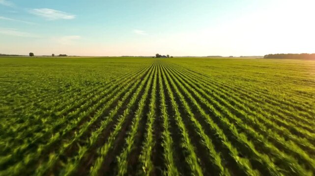 Rows of young green crops growing in a vast agricultural field under a clear blue sky with trees visible in the distance at sunrise or sunset
