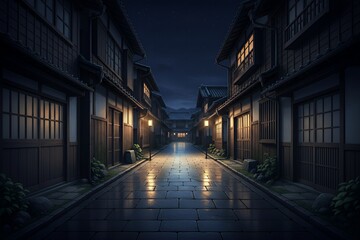 Fototapeta premium 柔らかな灯りが石畳を照らす、静寂に包まれた夜の古い町並み / Atmospheric Night View of a Traditional Japanese Town with Soft Lantern Light Reflecting on Wet Stone Pavements