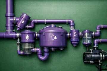 Purple PVC greywater recycling courtyard filtration system on green wall.