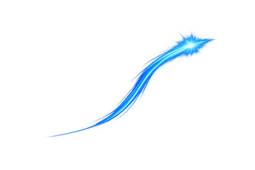 Dynamic blue light trail with bright shining star effect creating abstract speed and motion on transparent background