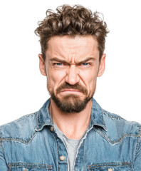Obraz premium Frustrated man expressing discontent portrait, isolated on transparent background, png