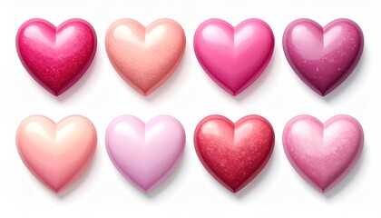 Eight shiny, glossy hearts in various shades of pink and red