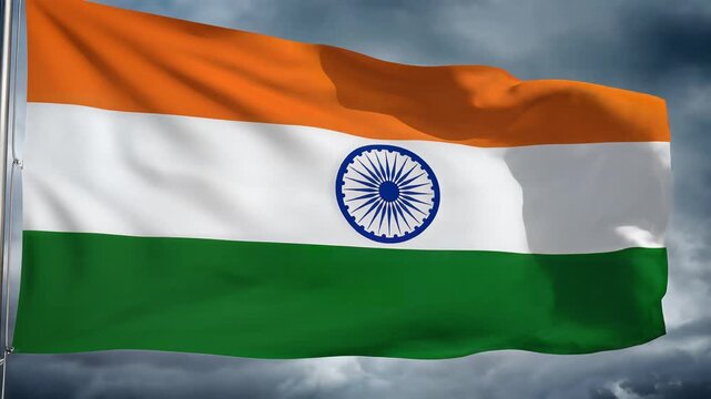 Indian National Flag Waving Dramatically Under Stormy Clouds