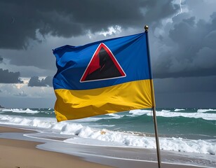A blue/yellow flag on a sandy beach waves as waves crash under a stormy sky illuminated by lightning